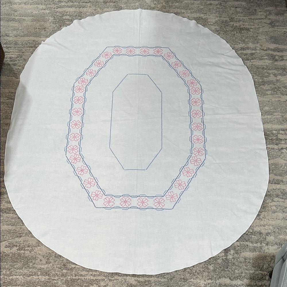 Embroidered Oval Tablecloth - White with Pink and Blue Accents - Picture 2 of 11